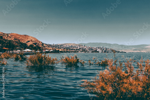 Fototapeta view from sea of galilee with Tiberias