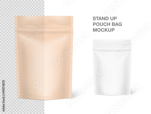 Realistic stand up pouch bag mockup isolated on white background. Vector illustration. Front view. Perfect for presentation your product. EPS10.	