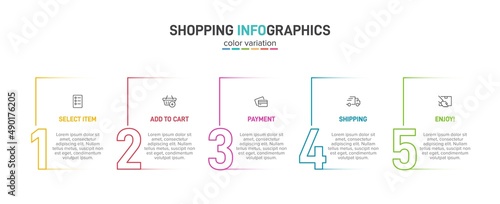 Concept of shopping process with 5 successive steps. Five colorful graphic elements. Timeline design for brochure, presentation, web site. Infographic design layout.