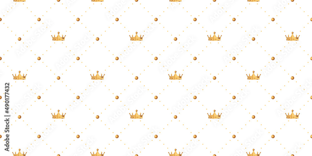 Seamless pattern in retro style with a gold crown and polka dots on white background. Cute wallpaper for little princesses. Vector illustration Seamless pattern in retro style with a gold crown and polka dots on white background. Cute wallpaper for little princesses. Vector illustration