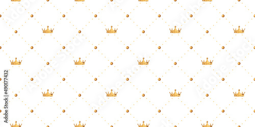 Seamless pattern in retro style with a gold crown and polka dots on white background. Cute wallpaper for little princesses. Vector illustration