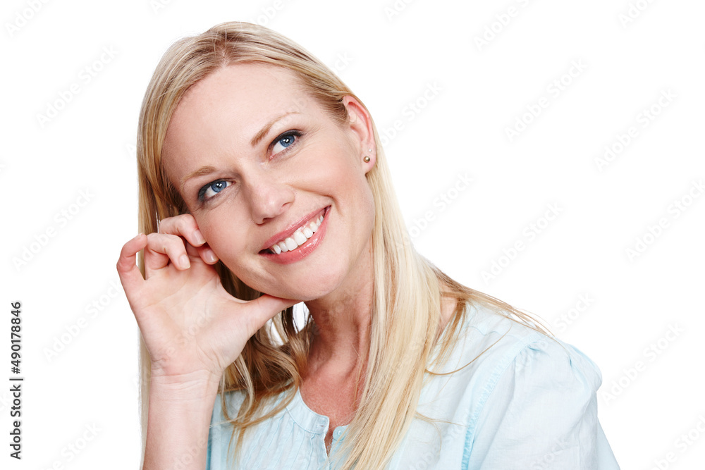 Thinking it over.... A beautiful woman looking away thoughtfully and smiling - isolated. Thinking it over.... A beautiful woman looking away thoughtfully and smiling - isolated.