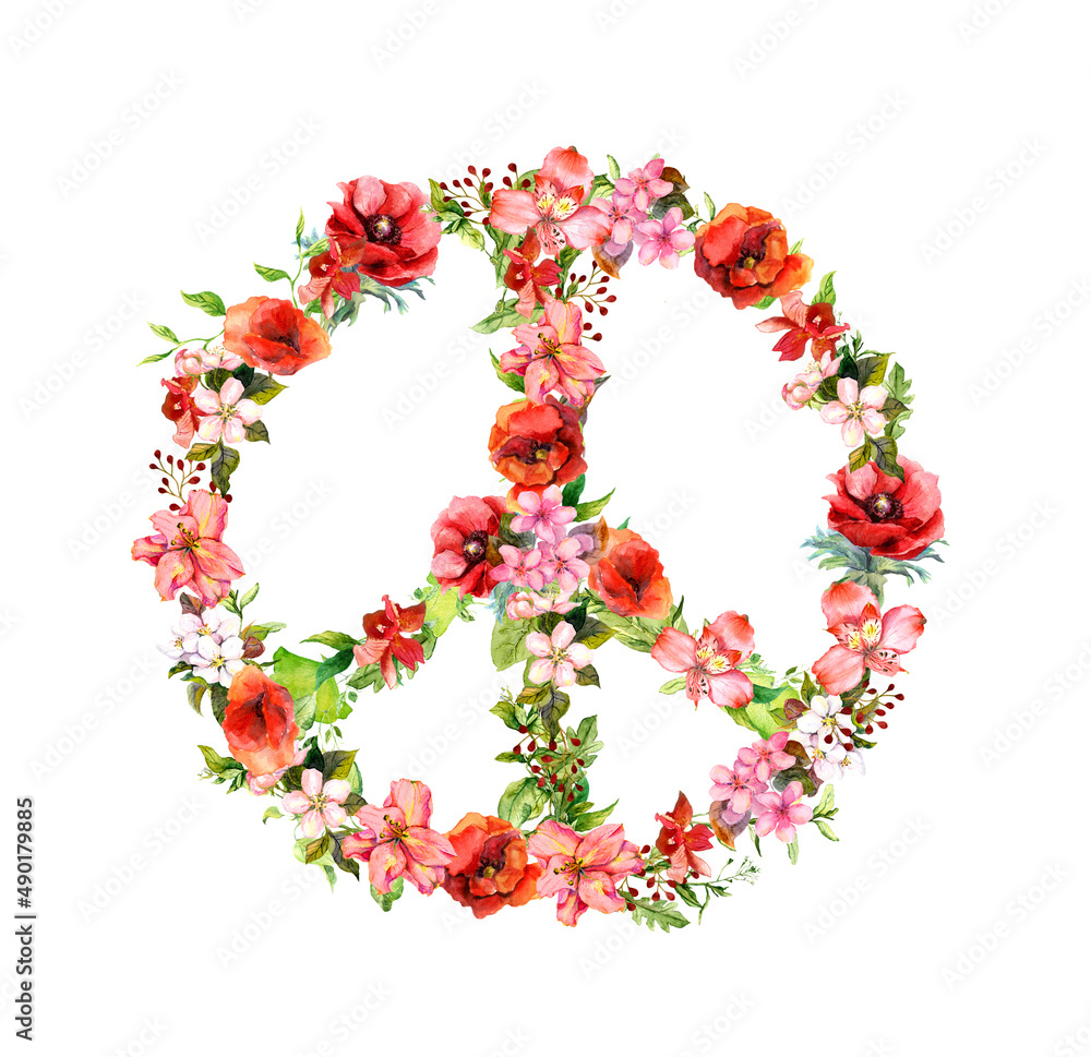 Peace sign with poppy flowers, grass and leaves. Antiwar watercolor illustration with not war floral symbol