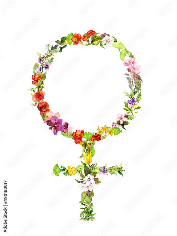 Feminism symbol with flowers and butterflies. Floral watercolor women female sign for 8 march day
