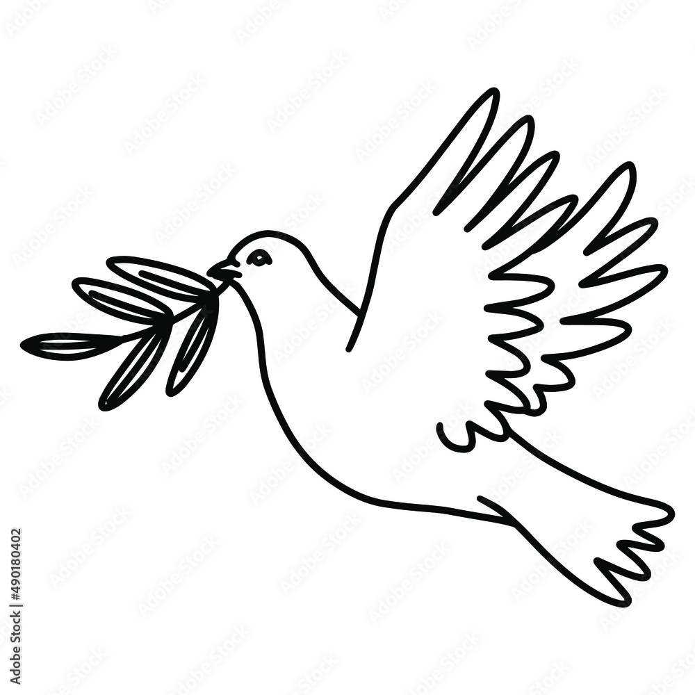 Fototapeta premium Hand drawn line art vector illustration of dove with olive branch , symbol of peace.