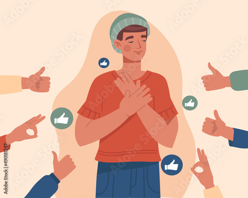 Public approval or praise abstract concept. Satisfied man surrounded by hands showing ok and thumbs up gestures. Positive assessment of excellent work of employee. Cartoon flat vector illustration