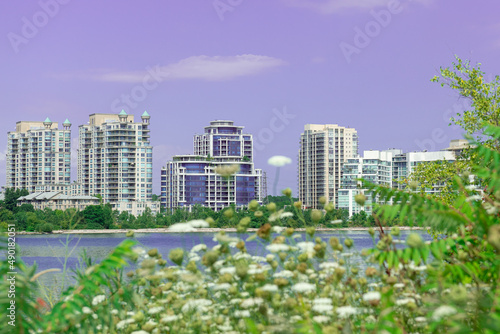 Landmark view at modern buildings near the Humber Bay Park in Etobicoke, Ontario, Canada