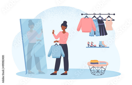 Choosing clothes in wardrobe abstract concept. Young woman stands in front of mirror and buys new clothes in store. Female character tries on casual clothes. Cartoon flat vector illustration