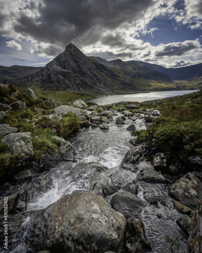 Vertical shot of a river in Tryfan, Afon Lloer and the Ogwen Valley, Snowdonia, Wales UK photo