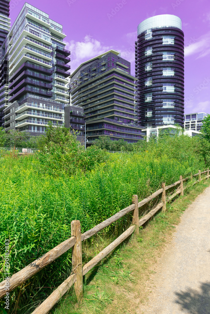 Landmark view at modern buildings near the Humber Bay Park in Etobicoke, Ontario, Canada Landmark view at modern buildings near the Humber Bay Park in Etobicoke, Ontario, Canada