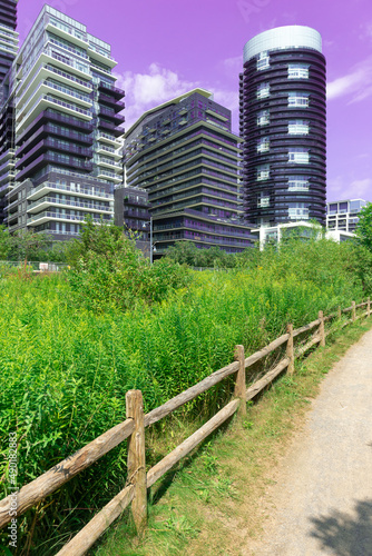 Landmark view at modern buildings near the Humber Bay Park in Etobicoke  Ontario  Canada