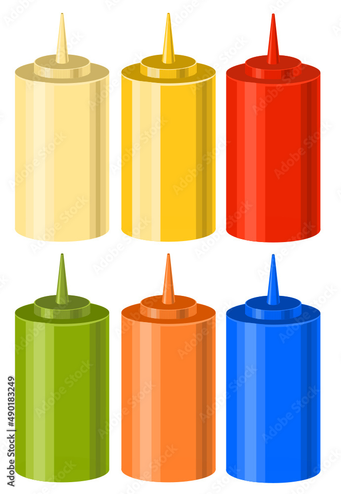 Set of bottles sauces condiment concept vector illustration food template