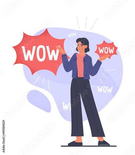 Woman shouting wow message abstract concept. Female character attracts attention of new users and buyers. Business promotion, advertising or marketing. Cartoon modern flat vector illustration