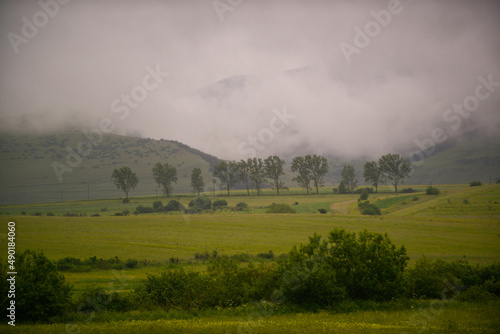 Beautiful view of a green field among hills in the fog photo