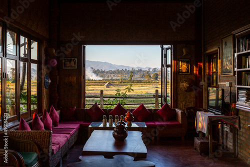 View of rice fields out a window near the town of Hsipaw in Myanmar. photo
