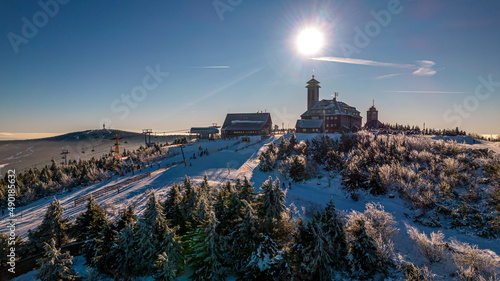 Aerial view of a beautiful winter landscape in Fichtelberg, Ore Mountains, Saxony photo