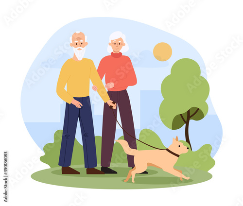 Elderly couple spends time outdoors concept. Happy senior husband and wife walking their dog in park. Cute grandmother and grandfather with gray hair. Cartoon contemporary flat vector illustration