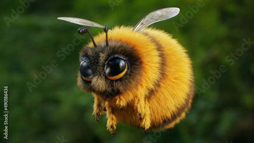 Fotografiet 3D illustration of a cute bumblebee in a forest during the day