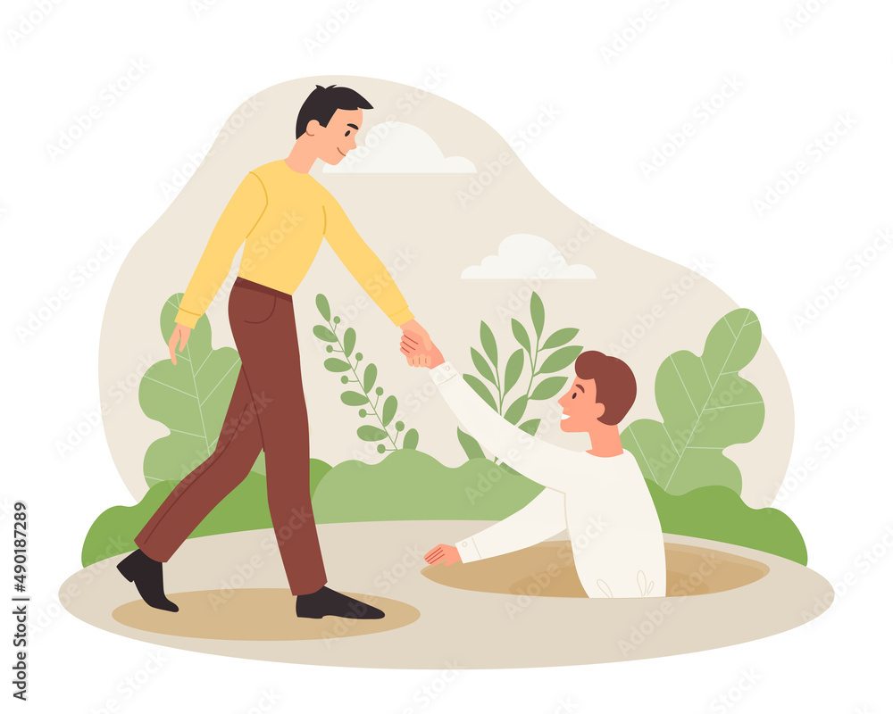 Businessman helping his friend. Young guy gives helping hand to another, pulls him out of pit. Nature and scenes in city or town park. Support and help concept. Cartoon flat vector illustration