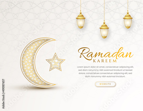 White luxury islamic background with decorative ornament pattern and lanterns Premium Vector	
