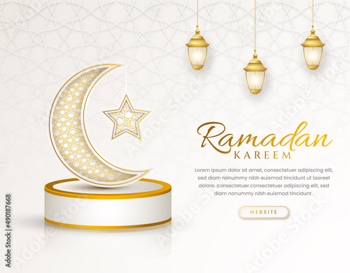White luxury islamic background with decorative ornament pattern and lanterns Premium Vector	