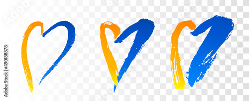 Yellow and Blue Hand Drawn Heart Shapes. Support Ukraine Symbols On Transparent Background