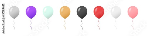 Set of colourful realistic balloon. Golden, silver, purple, red, white, black, rose gold balloon vector illustration