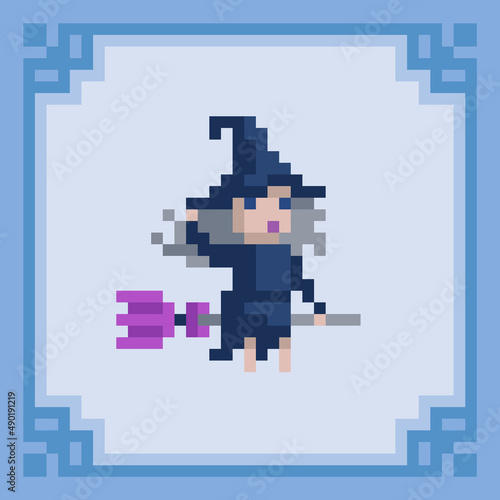 Witch flying on a broomstick. Pixel art character. Vector illustration