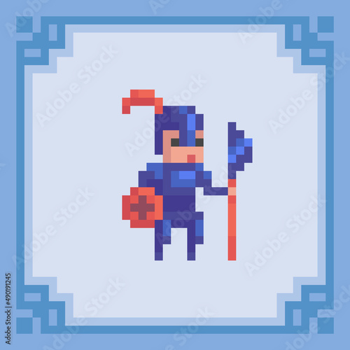 Medieval warrior with weapon. Pixel art character. Vector illustration