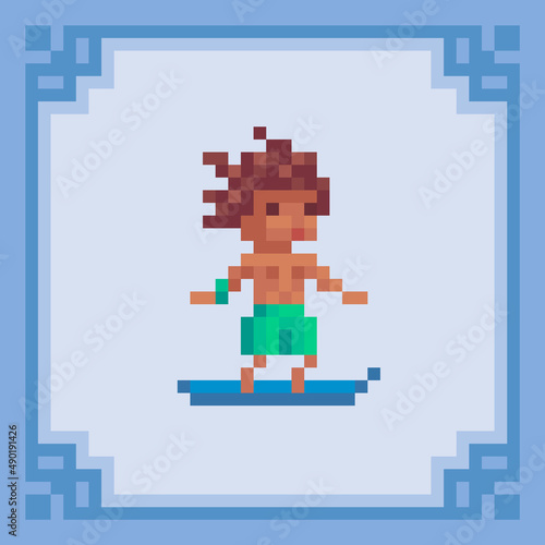 Surfer on surfboard.Pixel art character. Vector illustration