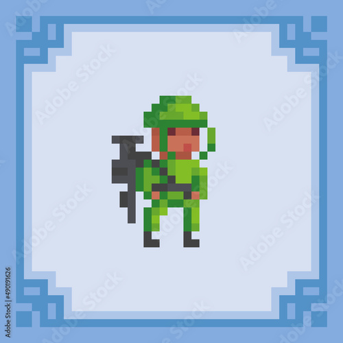 Army soldier in camouflage combat uniform. Pixel art character.