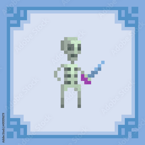 Skeleton warrior with weapon. Pixel art character. Vector illustration