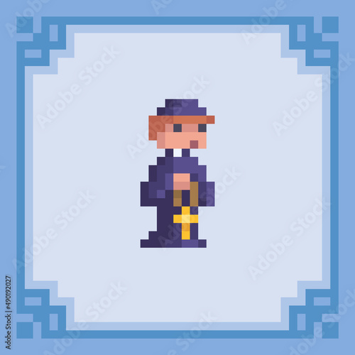 Priest or monk with the cross. Pixel art character. Vector illustration