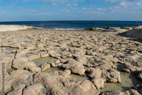 Limestone wave-cut platform along coast of Delimara - coastal weathering, erosion, cliff recession. photo