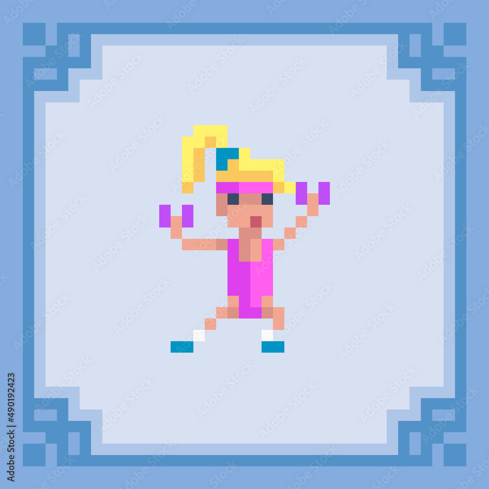 Athletic woman exercising with dumbbell. Pixel art character. Vector illustration