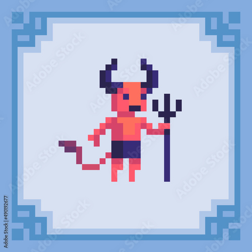Horned devil with a pitchfork. Pixel art character. Vector illustration