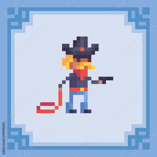 Cowboy from the Wild West. Pixel art character. Vector illustration