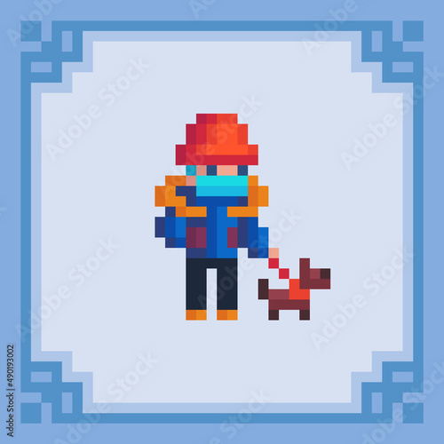 Man walk with dog. Pixel art character. Vector illustration