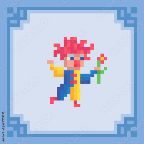 Funny clown with a flower. Pixel art character. Vector illustration