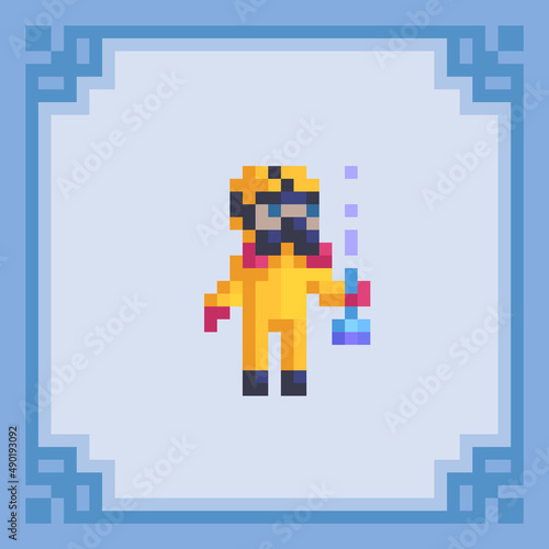 Chemist holding test tubes for chemical experiment. Pixel art character