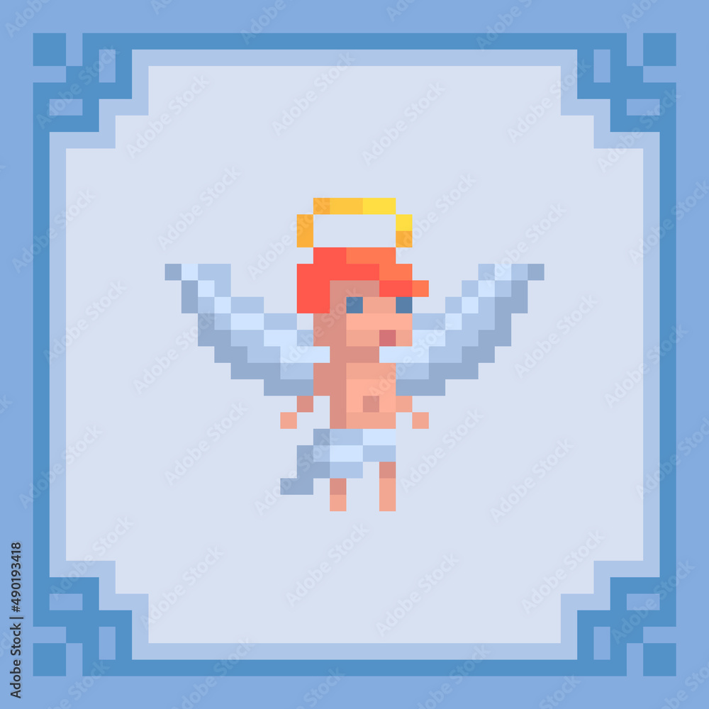 Angel baby with wings and halo. Pixel art character. Vector illustration Angel baby with wings and halo. Pixel art character. Vector illustration