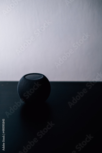 Vertical shot of a black mini smart speaker photo