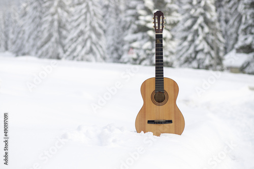 Closeup of a guitar in a snow