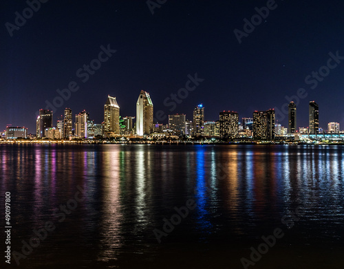 Beautiful night colorful scene of the san diego skyline reflecting in the water, CA, USA