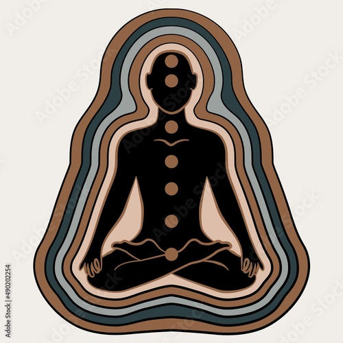 Vector Human Meditating in Lotus Pose with Energy Field Illustration. Man sitting in Yoga Pose with Chakra Energy Points.