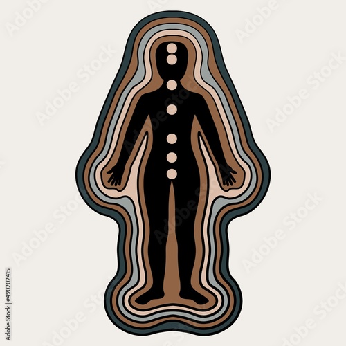Retro Human Energy Field Illustration on Isolated Background. Man with Chakra Symbols Standing.