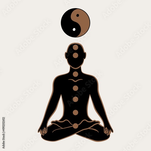Vector Cosmic Man Meditating with Ying and Yang Symbol, Celestial Human Relaxing Illustration for Cards, Posters,Banners, Flyers and more.