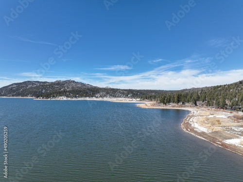 Aerial view of Big Bear Lake during winter season  San Bernardino National Forest  California  USA