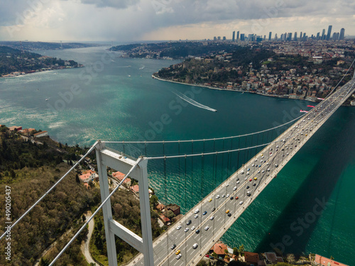 Aerial view of Istanbul Bosphorus bridge with cloudy sky photo