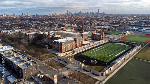 Aerial view of Lane Tech College campus. Chicago, Illinois, United States.